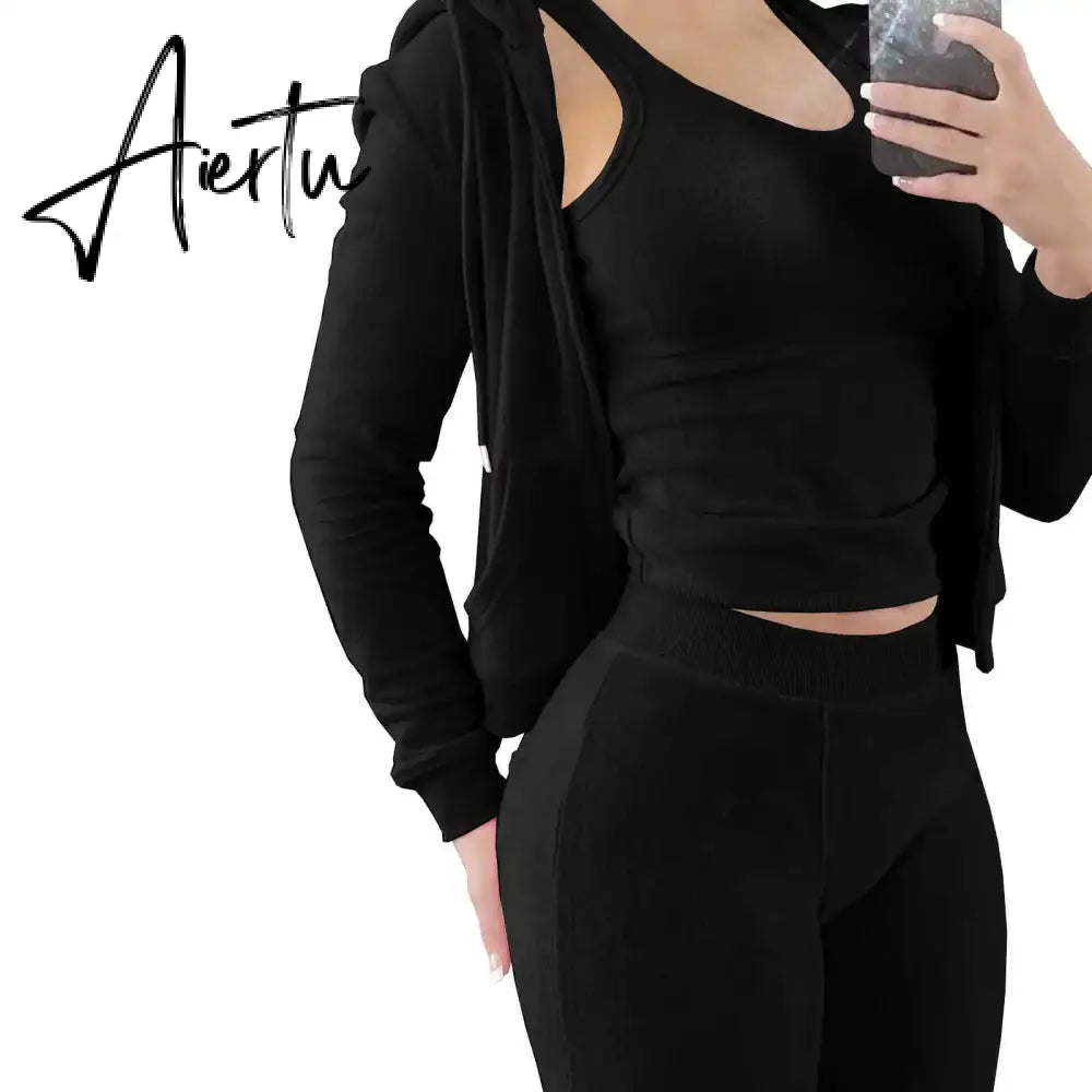 Womens Tracksuits Sets Fall Winter Zipper Jacket Cashmere Vest Hooded Pants Three Piece Set Outfit Conjuntos De Pantalones Aiertu