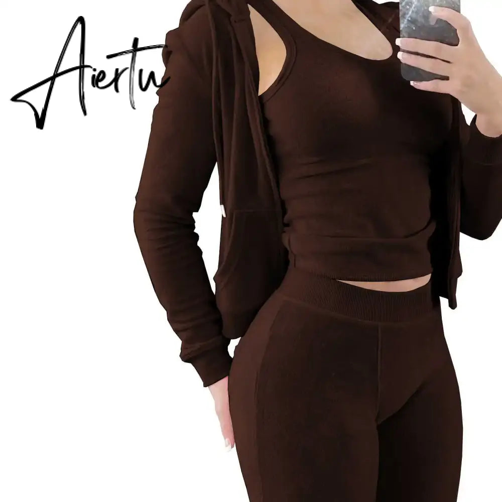 Womens Tracksuits Sets Fall Winter Zipper Jacket Cashmere Vest Hooded Pants Three Piece Set Outfit Conjuntos De Pantalones Aiertu