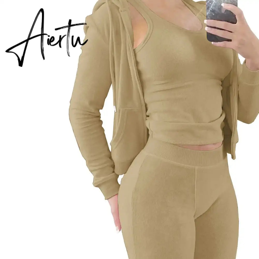 Womens Tracksuits Sets Fall Winter Zipper Jacket Cashmere Vest Hooded Pants Three Piece Set Outfit Conjuntos De Pantalones Aiertu