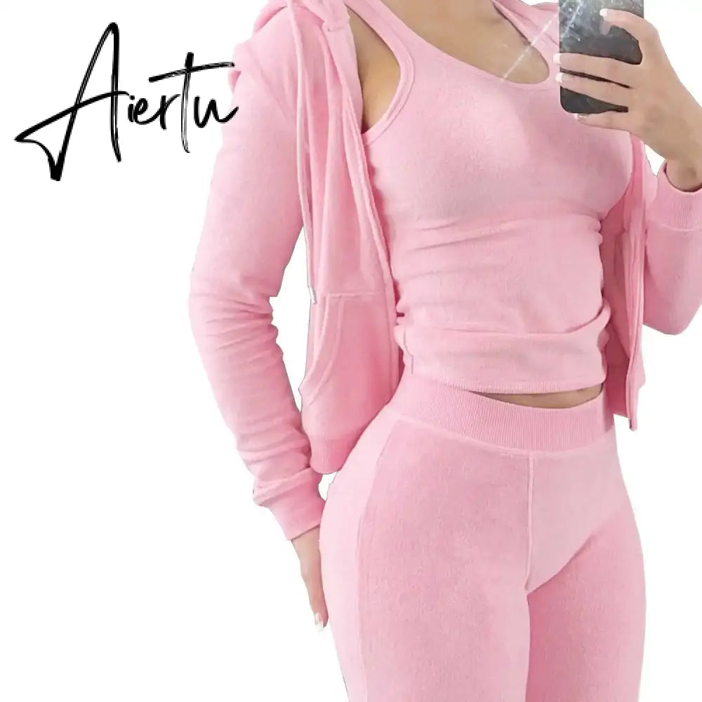 Womens Tracksuits Sets Fall Winter Zipper Jacket Cashmere Vest Hooded Pants Three Piece Set Outfit Conjuntos De Pantalones Aiertu
