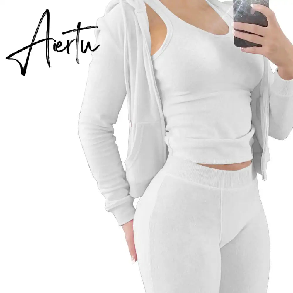 Womens Tracksuits Sets Fall Winter Zipper Jacket Cashmere Vest Hooded Pants Three Piece Set Outfit Conjuntos De Pantalones Aiertu