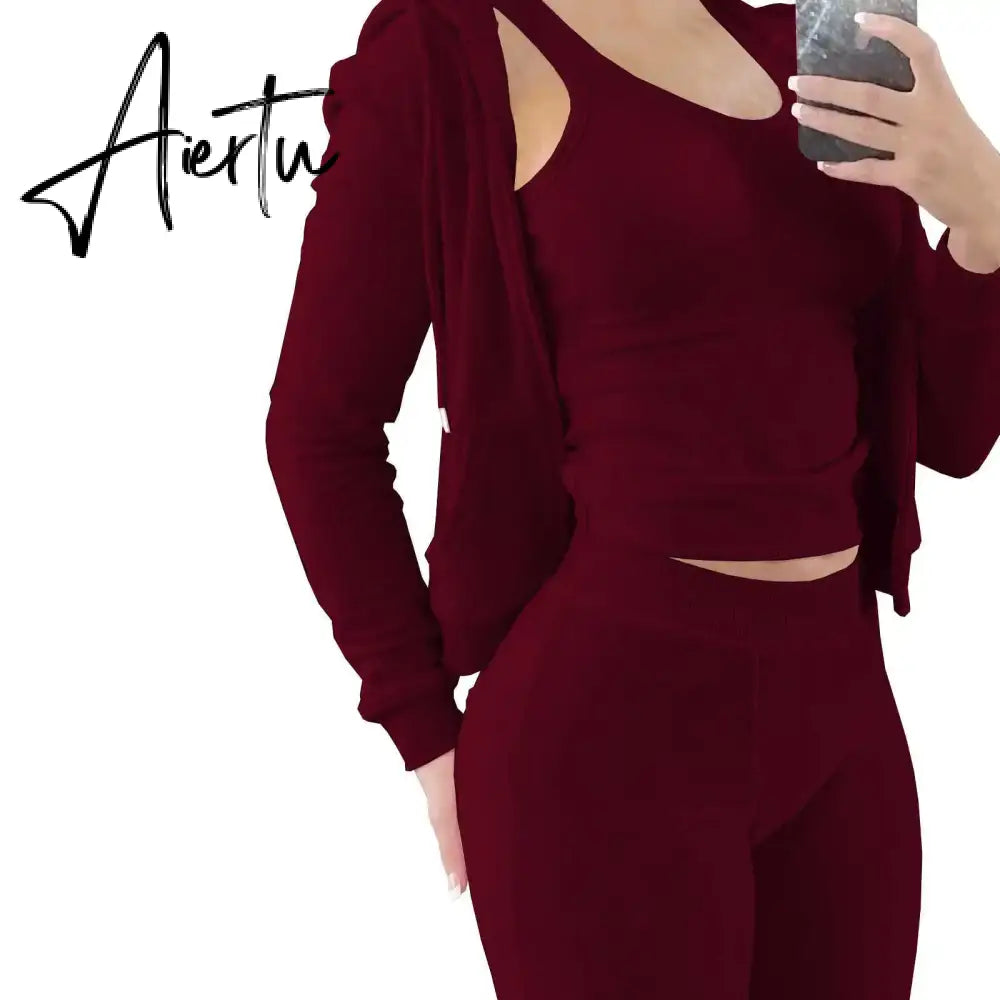 Womens Tracksuits Sets Fall Winter Zipper Jacket Cashmere Vest Hooded Pants Three Piece Set Outfit Conjuntos De Pantalones Aiertu