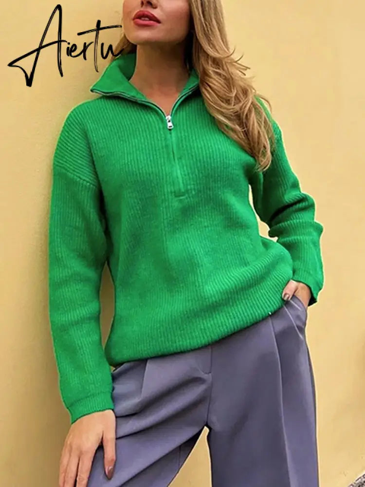 Women's Turtleneck Zippers Fashion Women Sweaters Solid Green Blue Pullover Long Sleeve Casual Knitted Sweater Woman Winter Aiertu