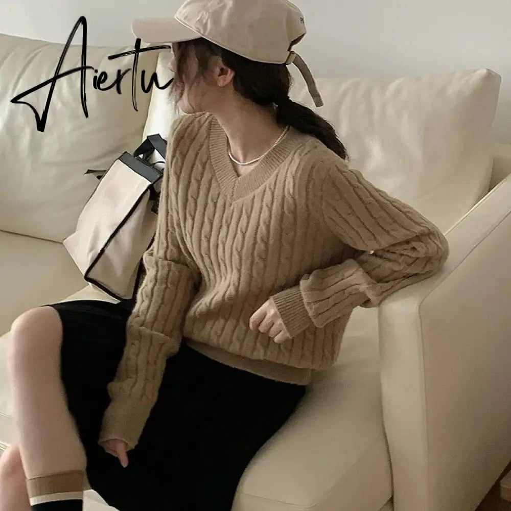 Women's Twist Pullover Knitted Sweater Solid Casual Jumper Fall Winter Vintage Embroidered V-Neck Long Sleeve Top Aiertu