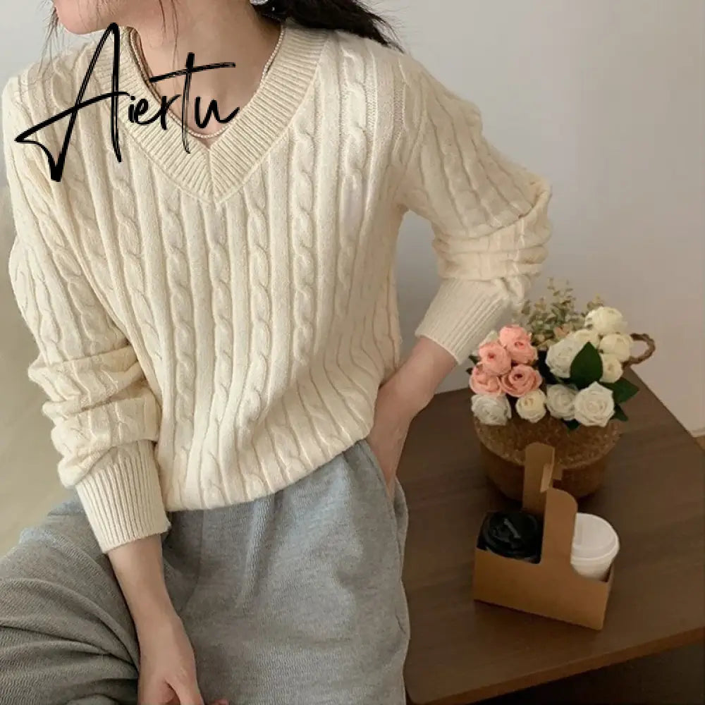 Women's Twist Pullover Knitted Sweater Solid Casual Jumper Fall Winter Vintage Embroidered V-Neck Long Sleeve Top Aiertu