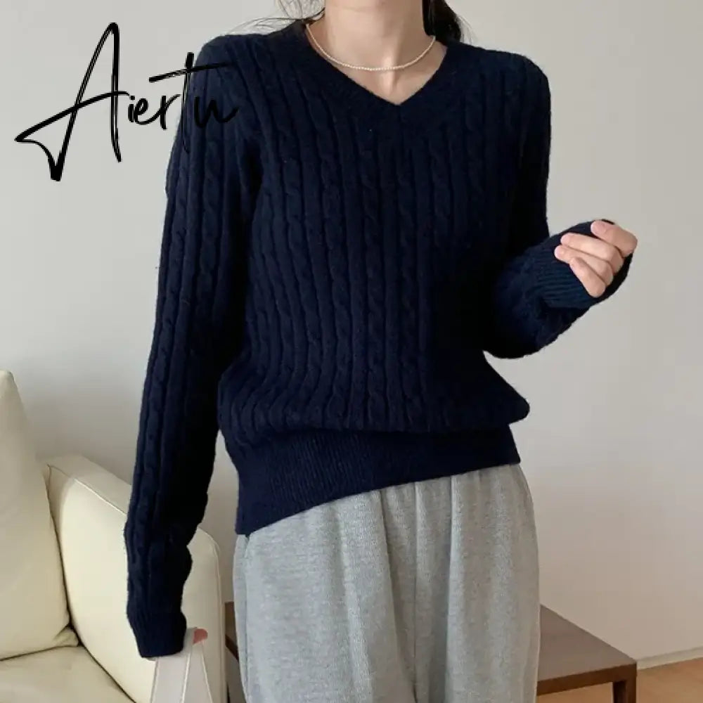 Women's Twist Pullover Knitted Sweater Solid Casual Jumper Fall Winter Vintage Embroidered V-Neck Long Sleeve Top Aiertu