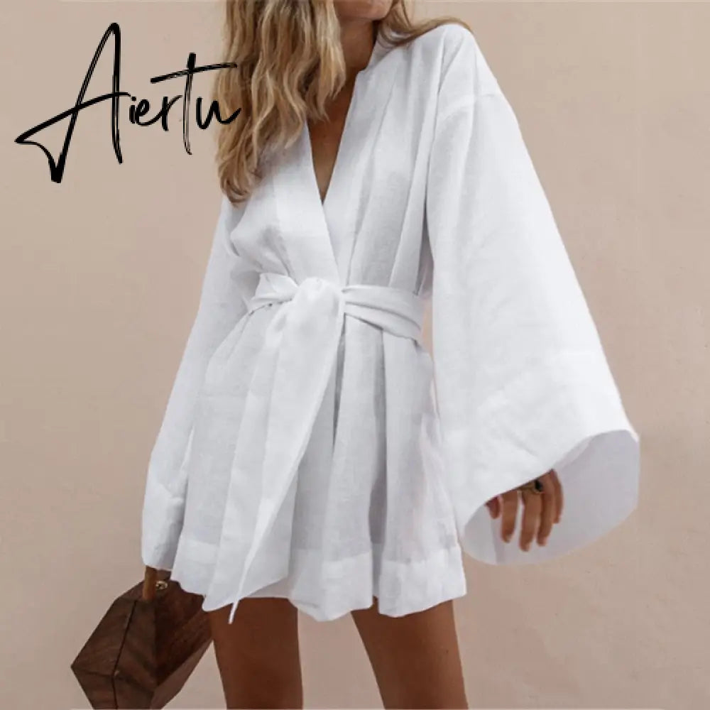 Women's V-Neck Kimono Cardigan Mini Dress Cotton Linen Long Sleeve Sashes Dresses Robe Style Lace Up Summer Loose Aiertu