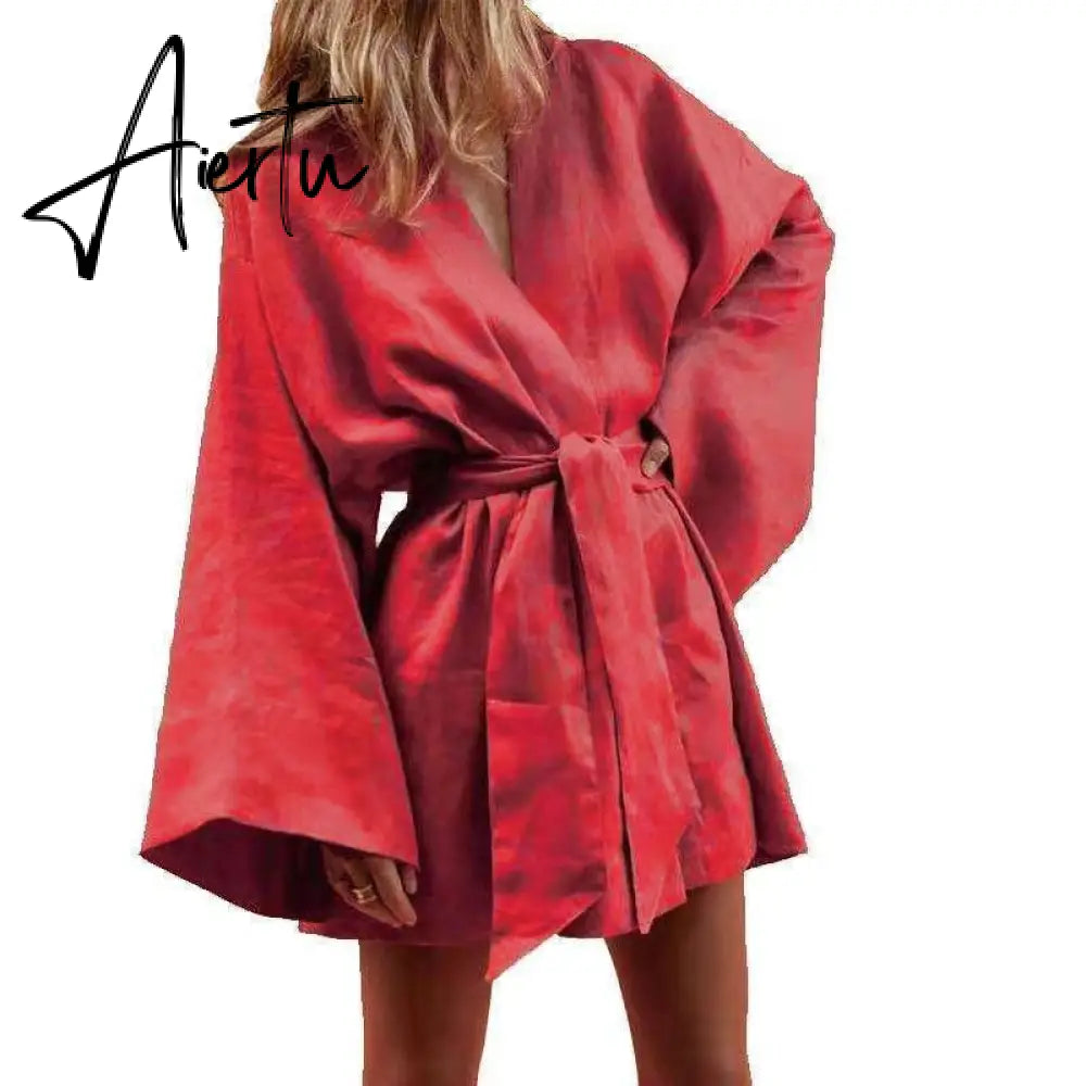 Women's V-Neck Kimono Cardigan Mini Dress Cotton Linen Long Sleeve Sashes Dresses Robe Style Lace Up Summer Loose Aiertu