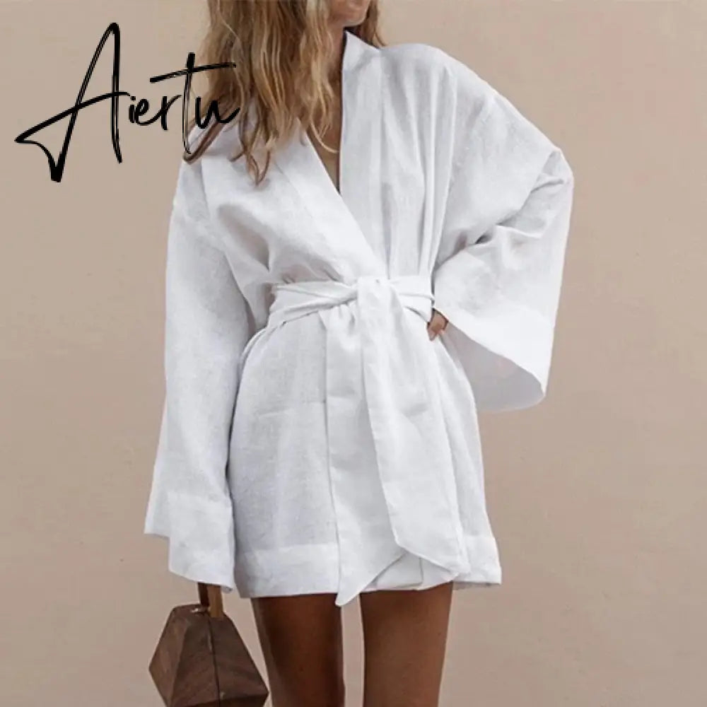 Women's V-Neck Kimono Cardigan Mini Dress Cotton Linen Long Sleeve Sashes Dresses Robe Style Lace Up Summer Loose Aiertu