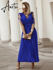 Women's V Neck Ruffle Sleeve Solid Color A Line High Waist Casual Long Dress For Fashion Aiertu