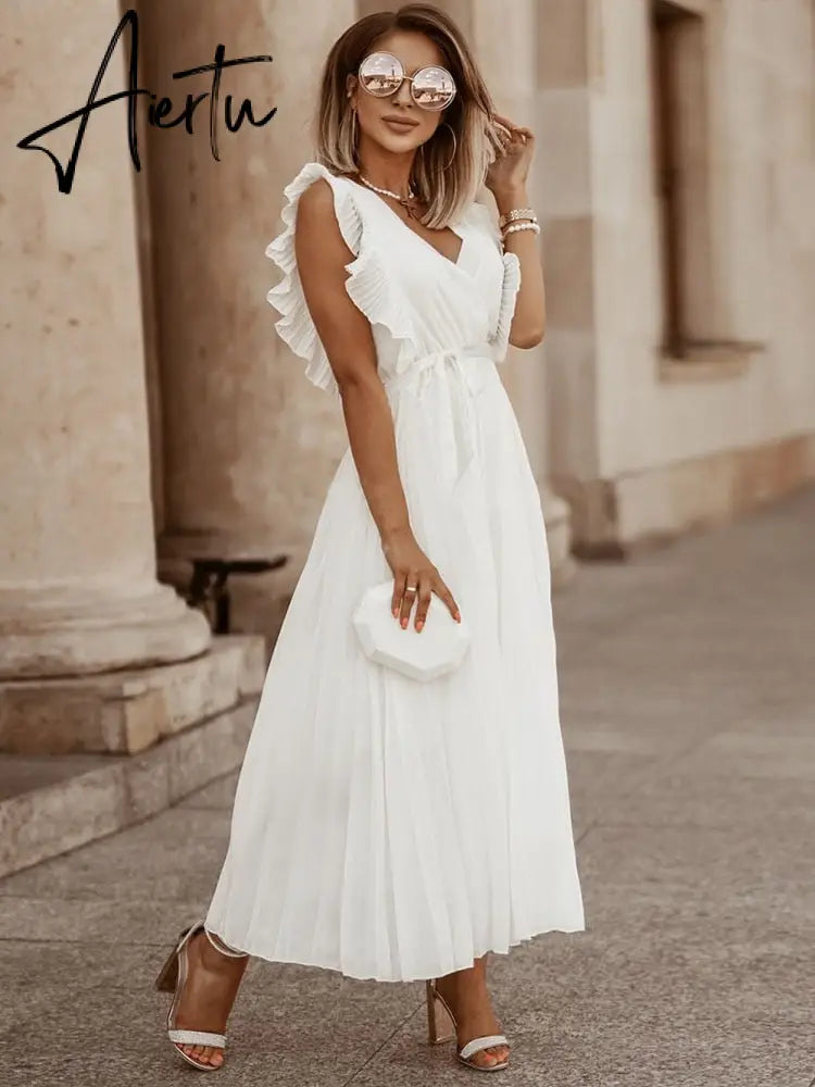 Women's V Neck Ruffle Sleeve Solid Color A Line High Waist Casual Long Dress For Fashion Aiertu