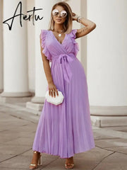 Women's V Neck Ruffle Sleeve Solid Color A Line High Waist Casual Long Dress For Fashion Aiertu