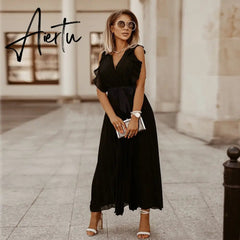 Women's V Neck Ruffle Sleeve Solid Color A Line High Waist Casual Long Dress For Fashion Aiertu