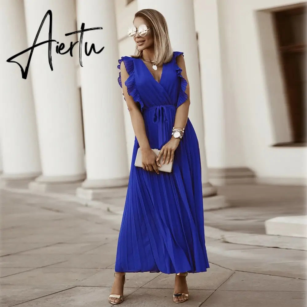 Women's V Neck Ruffle Sleeve Solid Color A Line High Waist Casual Long Dress For Fashion Aiertu
