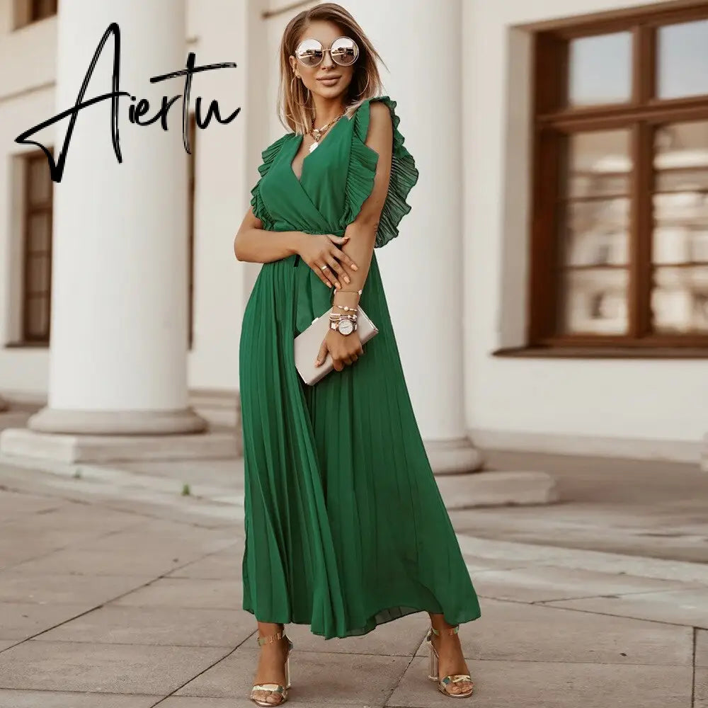 Women's V Neck Ruffle Sleeve Solid Color A Line High Waist Casual Long Dress For Fashion Aiertu