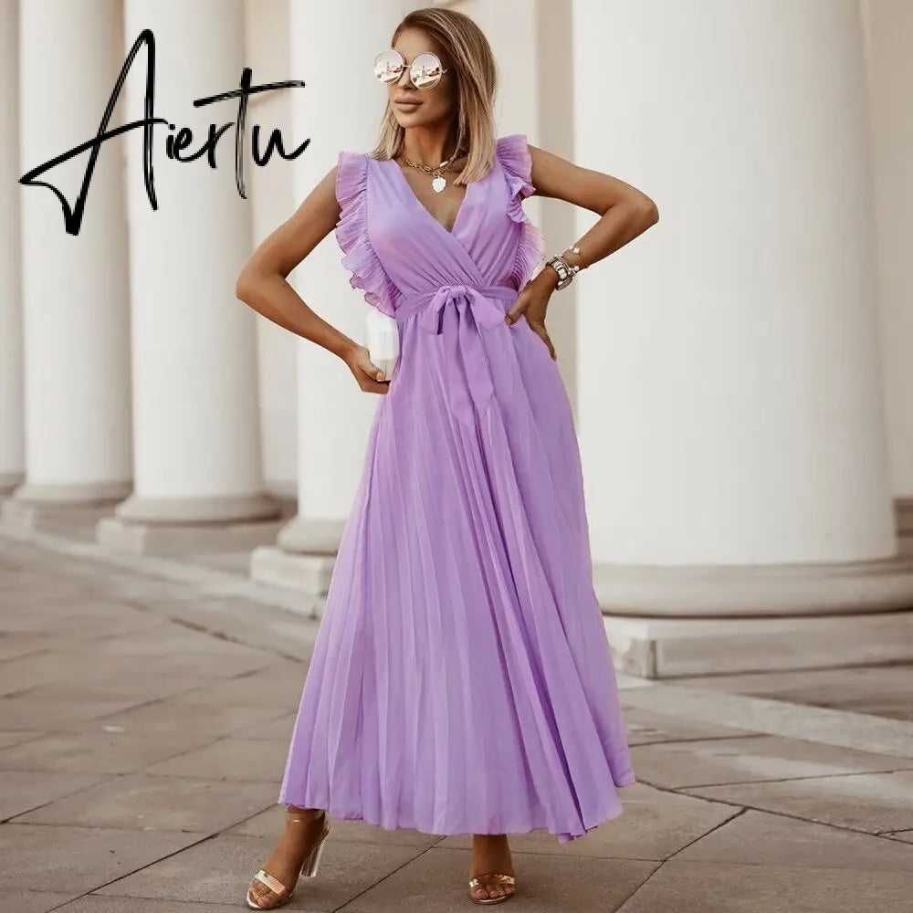 Women's V Neck Ruffle Sleeve Solid Color A Line High Waist Casual Long Dress For Fashion Aiertu