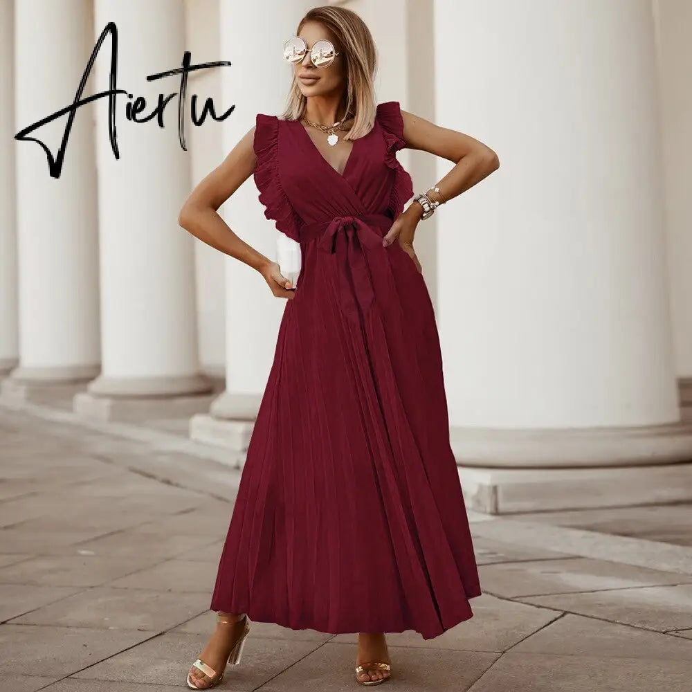Women's V Neck Ruffle Sleeve Solid Color A Line High Waist Casual Long Dress For Fashion Aiertu