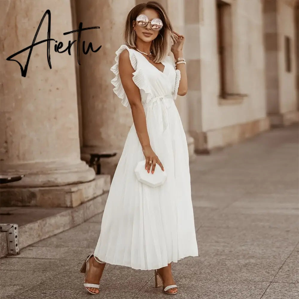 Women's V Neck Ruffle Sleeve Solid Color A Line High Waist Casual Long Dress For Fashion Aiertu