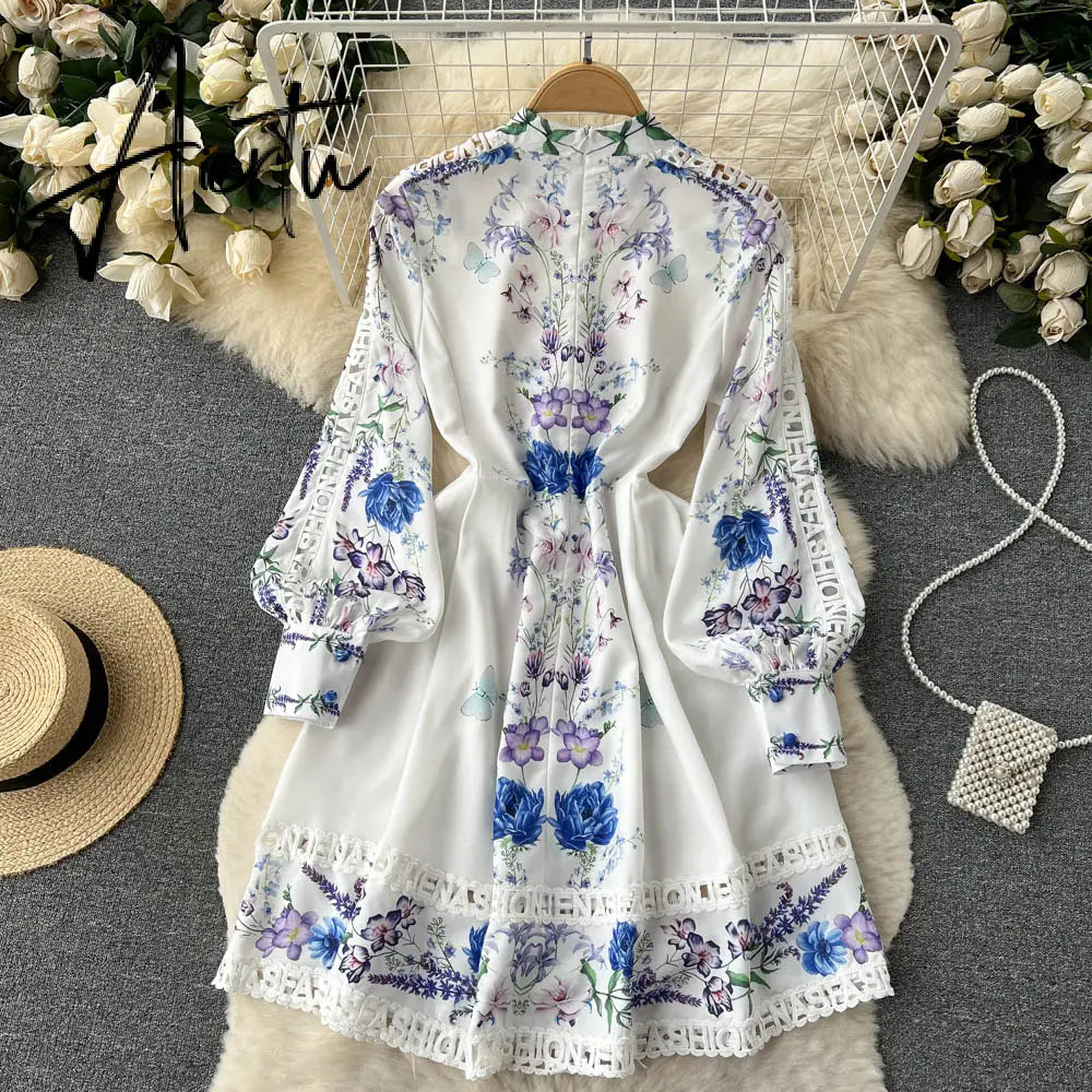 Women's Vintage Lantern Sleeve Knee Length Dress Spring Summer Long Sleeve lace a line dress lady half high collar dress Aiertu