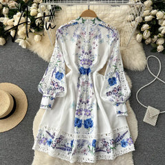 Women's Vintage Lantern Sleeve Knee Length Dress Spring Summer Long Sleeve lace a line dress lady half high collar dress Aiertu