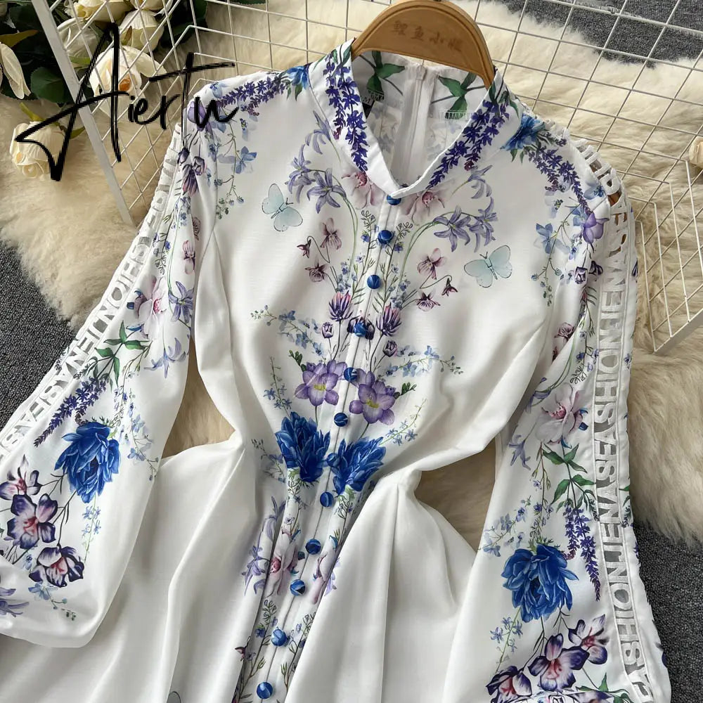 Women's Vintage Lantern Sleeve Knee Length Dress Spring Summer Long Sleeve lace a line dress lady half high collar dress Aiertu
