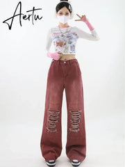 Women's Vintage Red Baggy Jeans 90s Aesthetic High Waist Denim Trousers Korean 2000s Y2k Harajuku Wide Pants Trashy Clothes Aiertu