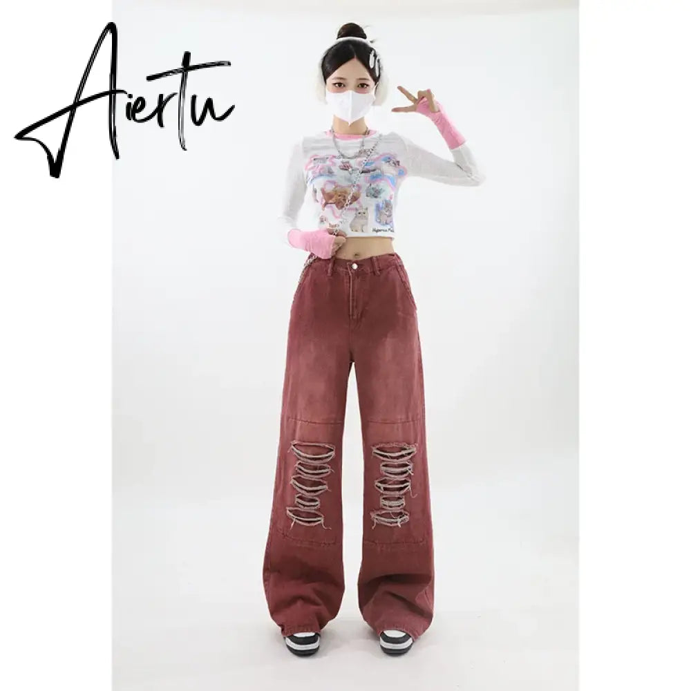 Women's Vintage Red Baggy Jeans 90s Aesthetic High Waist Denim Trousers Korean 2000s Y2k Harajuku Wide Pants Trashy Clothes Aiertu