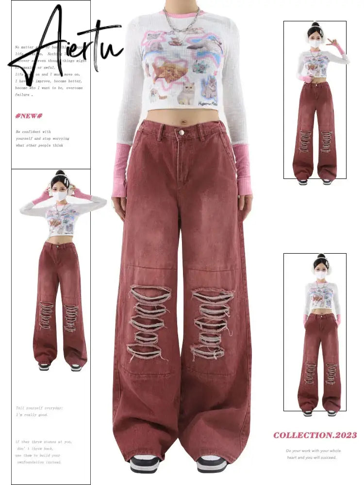 Women's Vintage Red Baggy Jeans 90s Aesthetic High Waist Denim Trousers Korean 2000s Y2k Harajuku Wide Pants Trashy Clothes Aiertu