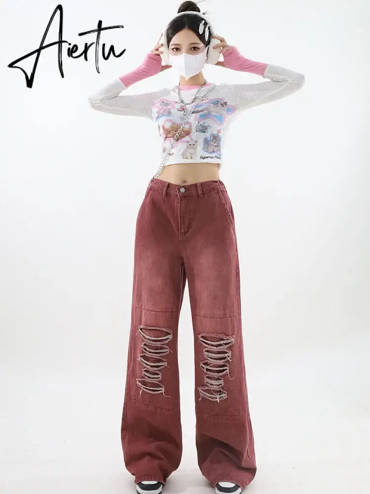 Women's Vintage Red Baggy Jeans 90s Aesthetic High Waist Denim Trousers Korean 2000s Y2k Harajuku Wide Pants Trashy Clothes Aiertu