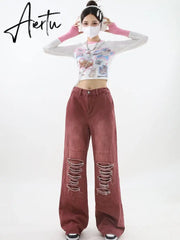 Women's Vintage Red Baggy Jeans 90s Aesthetic High Waist Denim Trousers Korean 2000s Y2k Harajuku Wide Pants Trashy Clothes Aiertu