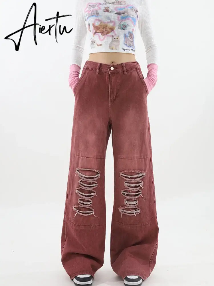 Women's Vintage Red Baggy Jeans 90s Aesthetic High Waist Denim Trousers Korean 2000s Y2k Harajuku Wide Pants Trashy Clothes Aiertu