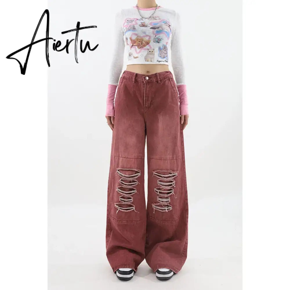 Women's Vintage Red Baggy Jeans 90s Aesthetic High Waist Denim Trousers Korean 2000s Y2k Harajuku Wide Pants Trashy Clothes Aiertu