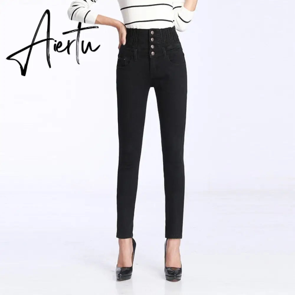 Womens Winter Jeans High Waist Skinny Pants Fleece /no velvet Elastic Waist Jeggings Casual Plus Size Jeans For Women Warm Jeans Aiertu