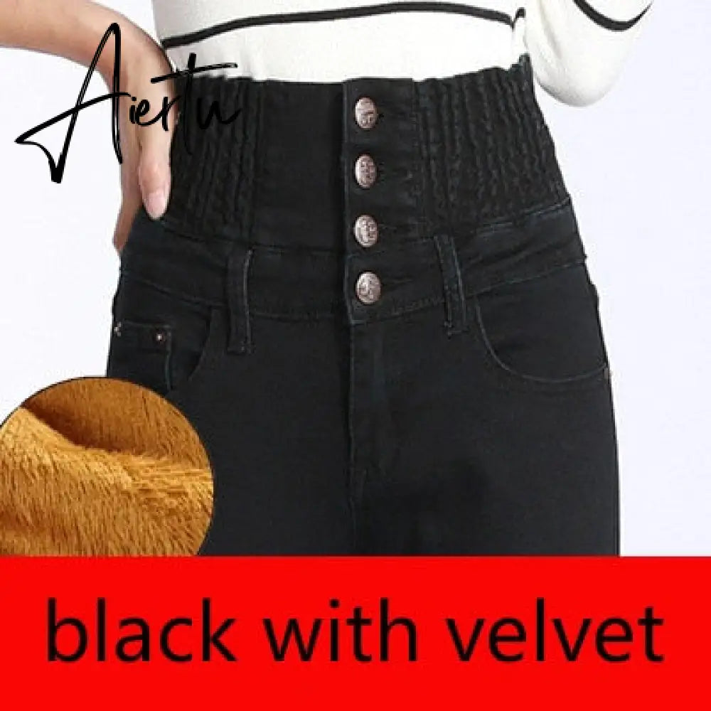Womens Winter Jeans High Waist Skinny Pants Fleece /no velvet Elastic Waist Jeggings Casual Plus Size Jeans For Women Warm Jeans Aiertu