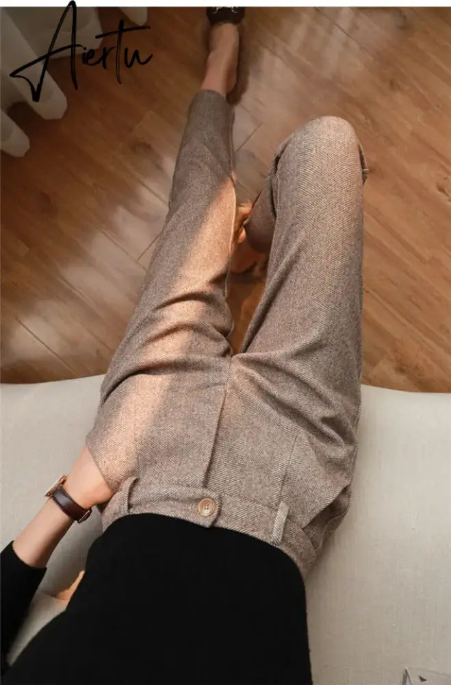 Woolen Pants Women's Harem Pencil Pants  Autumn Winter High Waisted Casual Suit Pants Office Lady Women Trousers Aiertu