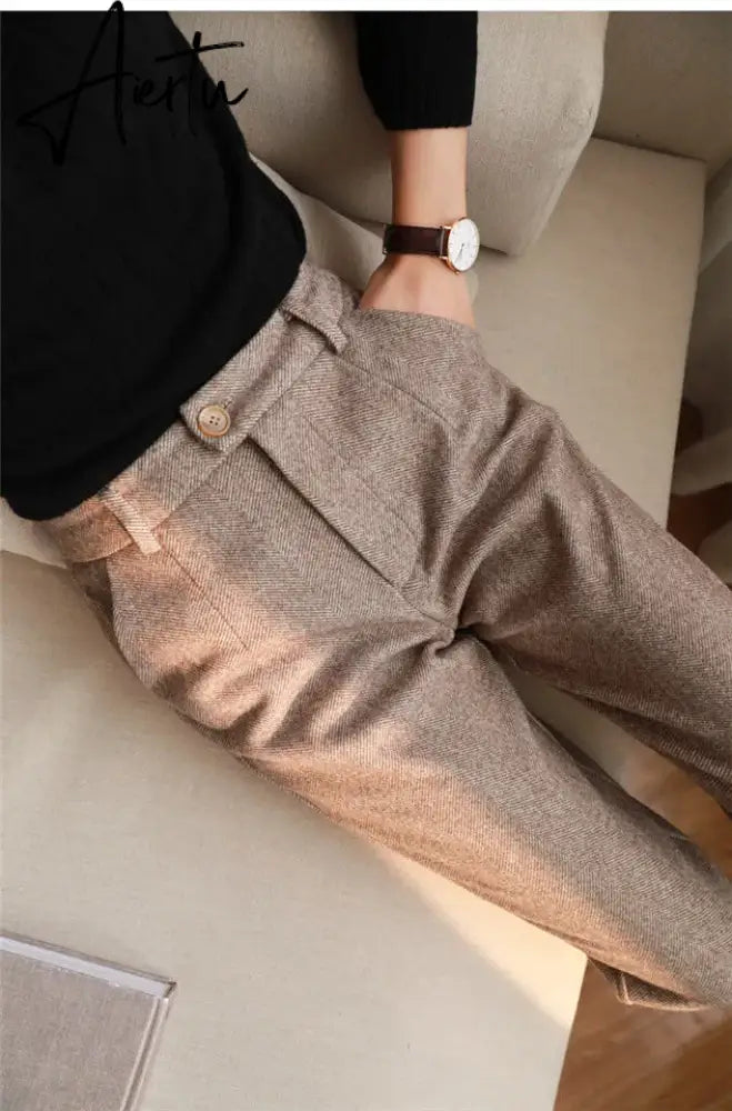 Woolen Pants Women's Harem Pencil Pants  Autumn Winter High Waisted Casual Suit Pants Office Lady Women Trousers Aiertu