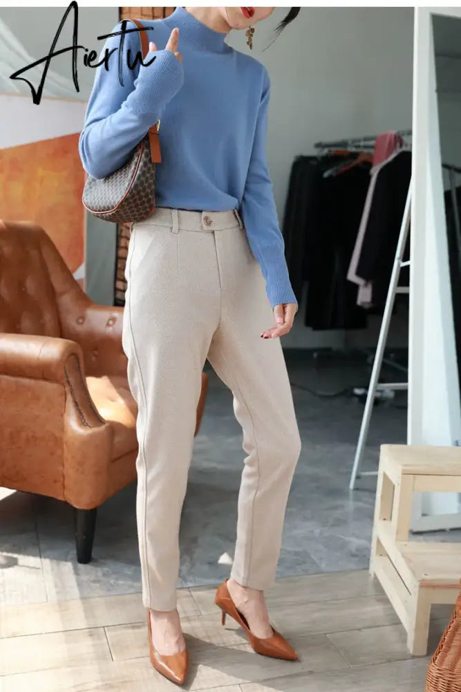 Woolen Pants Women's Harem Pencil Pants  Autumn Winter High Waisted Casual Suit Pants Office Lady Women Trousers Aiertu