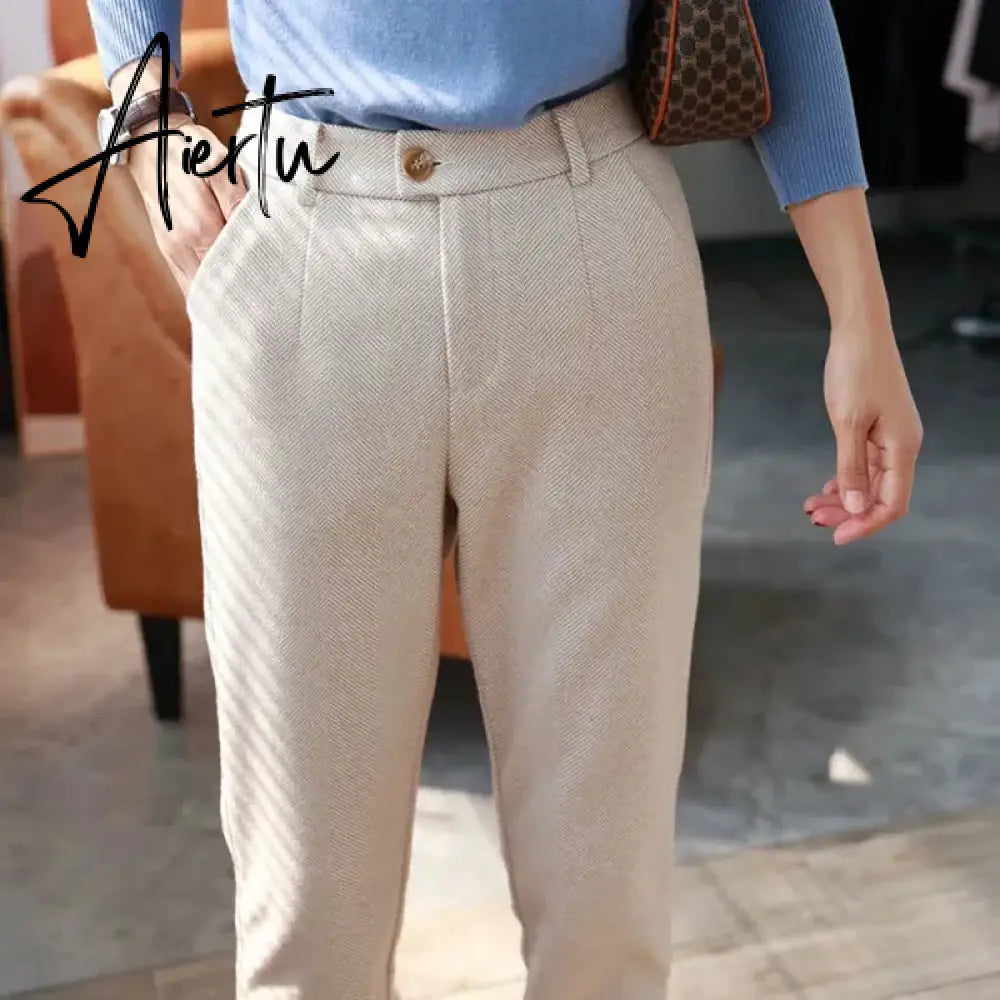 Woolen Pants Women's Harem Pencil Pants  Autumn Winter High Waisted Casual Suit Pants Office Lady Women Trousers Aiertu