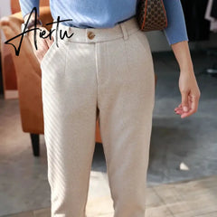 Woolen Pants Women's Harem Pencil Pants  Autumn Winter High Waisted Casual Suit Pants Office Lady Women Trousers Aiertu