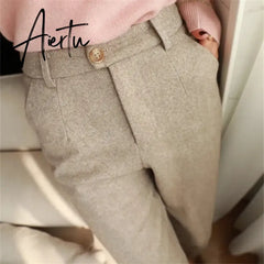 Woolen Pants Women's Harem Pencil Pants  Autumn Winter High Waisted Casual Suit Pants Office Lady Women Trousers Aiertu