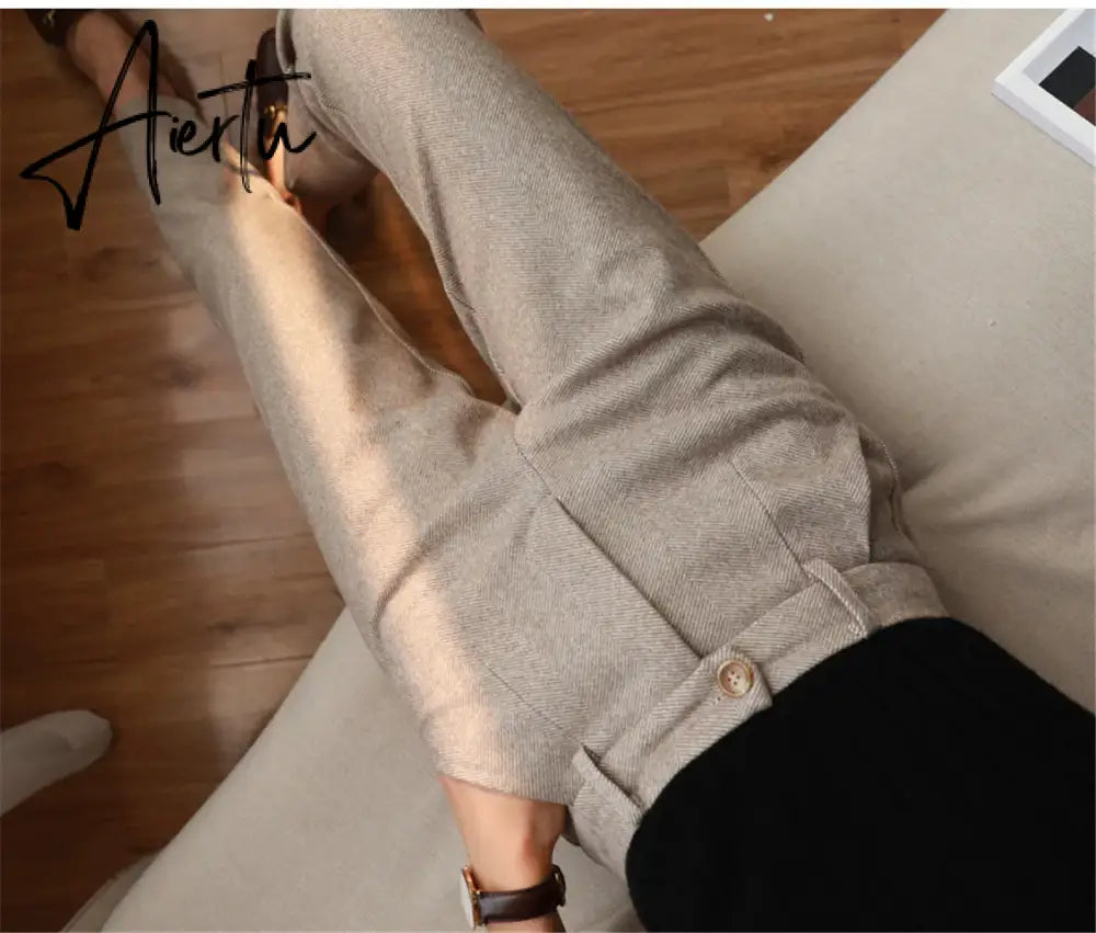 Woolen Pants Women's Harem Pencil Pants  Autumn Winter High Waisted Casual Suit Pants Office Lady Women Trousers Aiertu