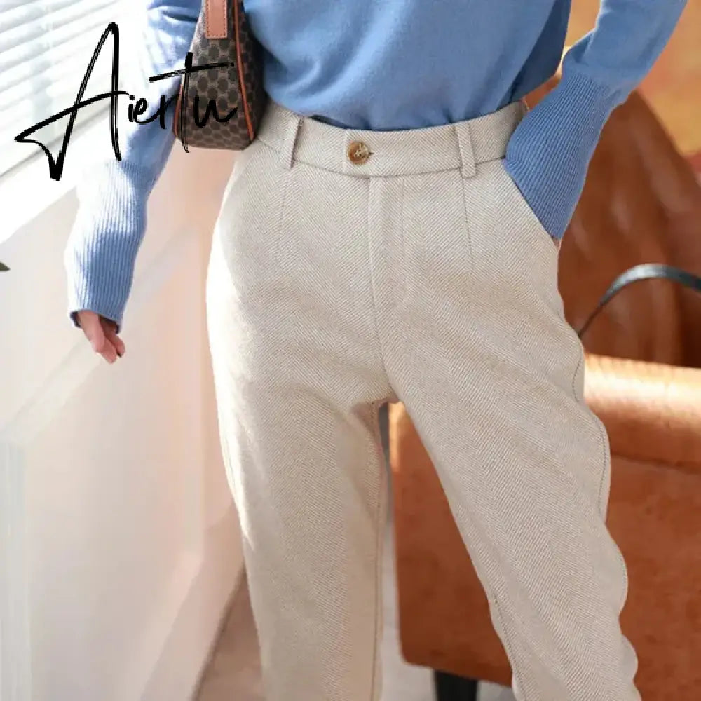 Woolen Pants Women's Harem Pencil Pants  Autumn Winter High Waisted Casual Suit Pants Office Lady Women Trousers Aiertu