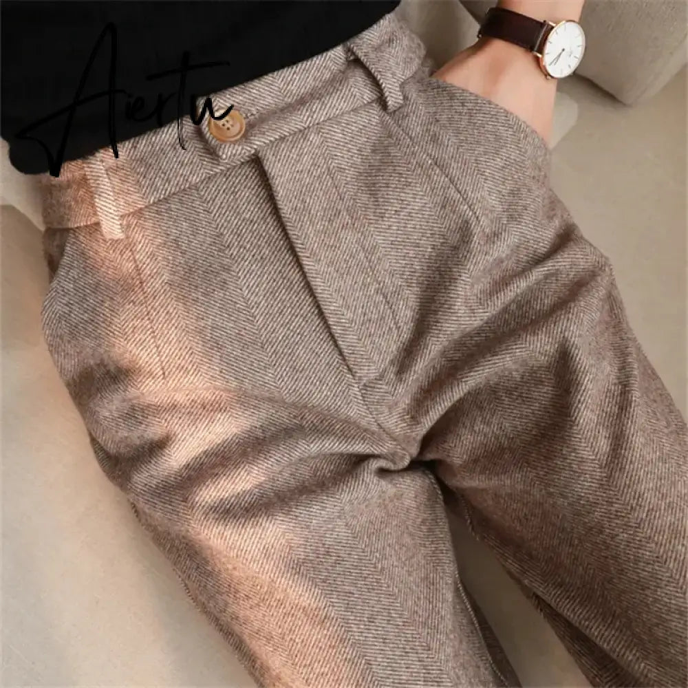 Woolen Pants Women's Harem Pencil Pants  Autumn Winter High Waisted Casual Suit Pants Office Lady Women Trousers Aiertu