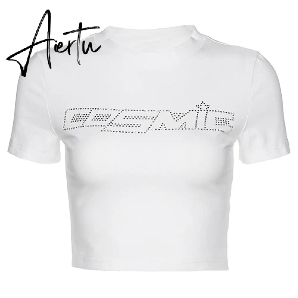 Y2k Aesthetic Graphic Tank Tops Women Rhinestone Heart Shape Print Vest O Neck Short Sleeve Crop Top Summer Slim Tanks Short Top Aiertu
