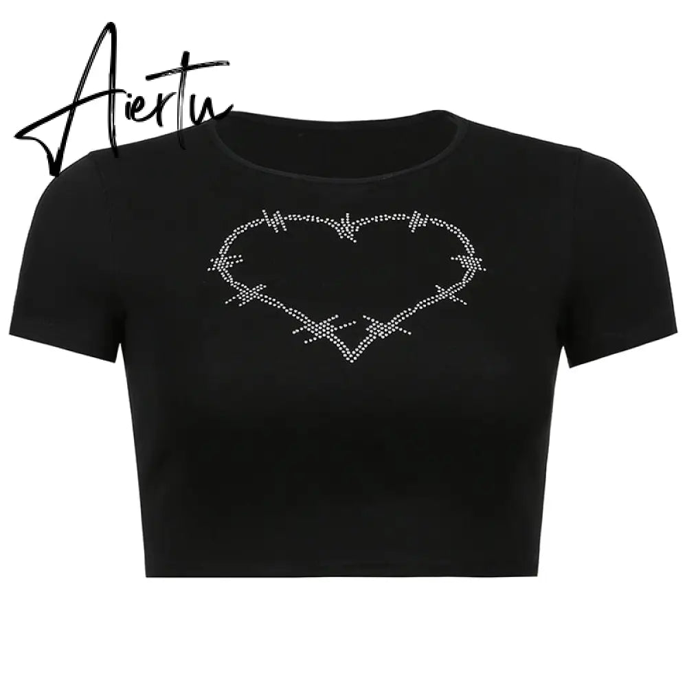 Y2k Aesthetic Graphic Tank Tops Women Rhinestone Heart Shape Print Vest O Neck Short Sleeve Crop Top Summer Slim Tanks Short Top Aiertu