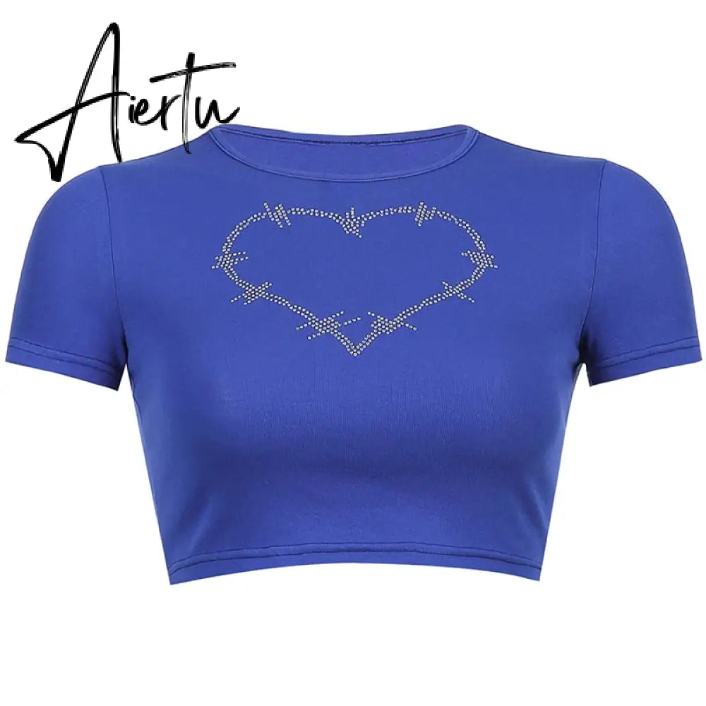 Y2k Aesthetic Graphic Tank Tops Women Rhinestone Heart Shape Print Vest O Neck Short Sleeve Crop Top Summer Slim Tanks Short Top Aiertu