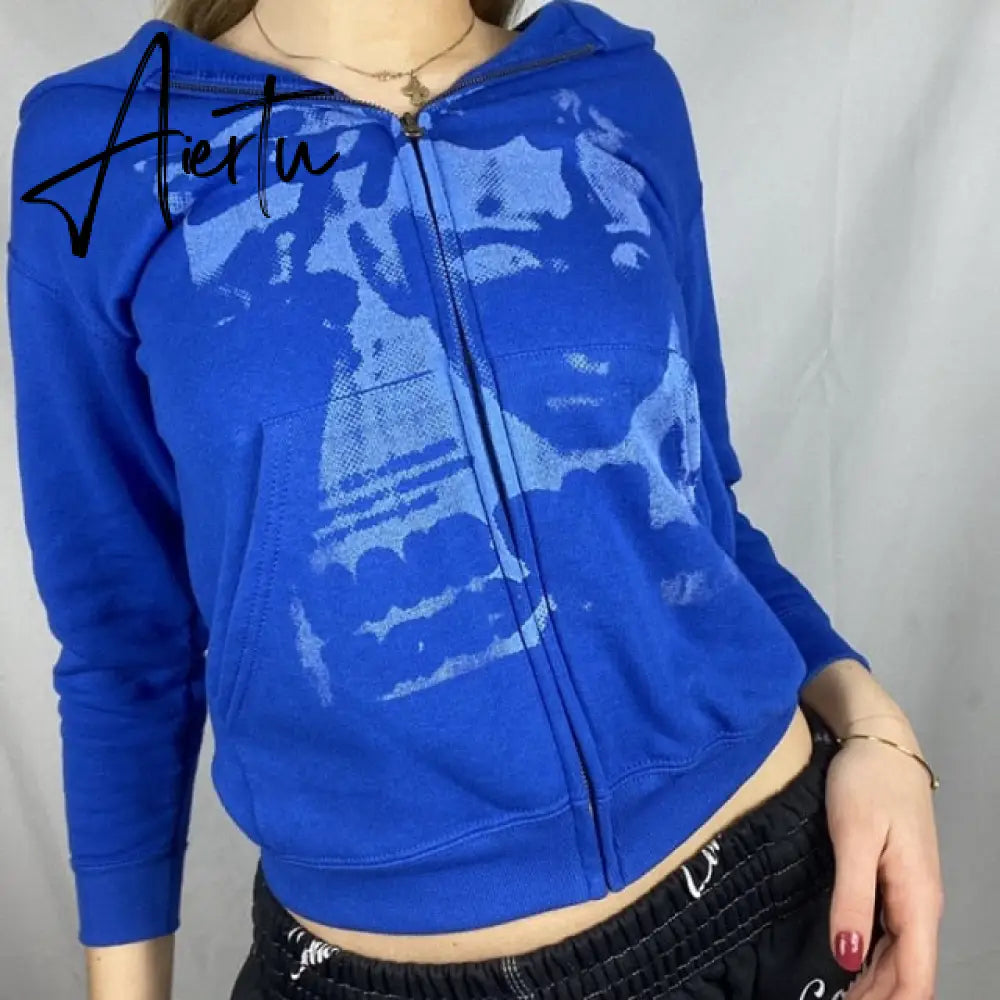 Y2K Aesthetic Women Hoodies with Pockets 90s Vintage Graphic Printed Zipper Coat Top E-girl Sweatshirt Green Autumn fairy grunge Aiertu
