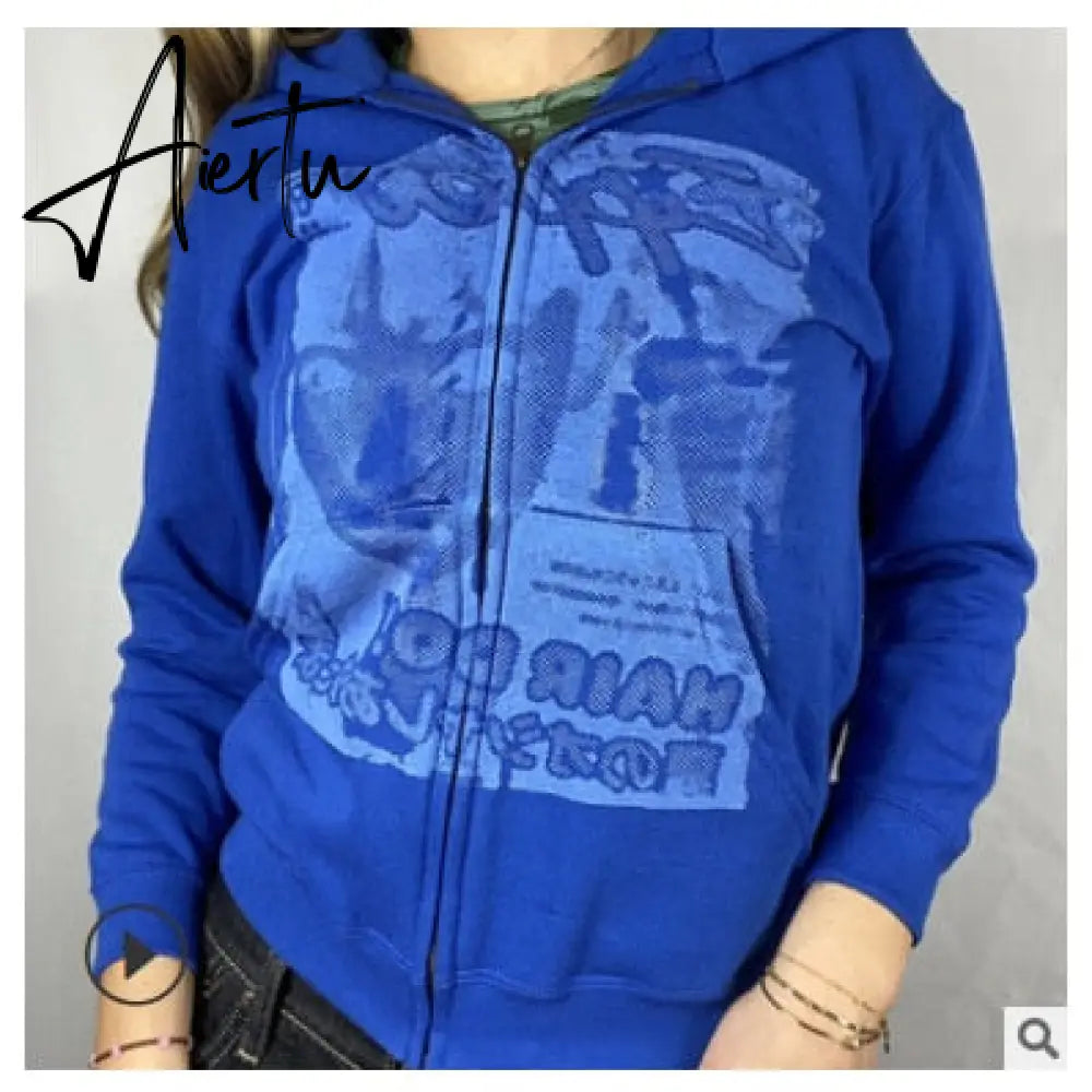 Y2K Aesthetic Women Hoodies with Pockets 90s Vintage Graphic Printed Zipper Coat Top E-girl Sweatshirt Green Autumn fairy grunge Aiertu