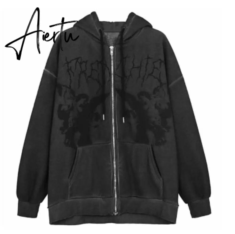 Y2K Aesthetic Women Hoodies with Pockets 90s Vintage Graphic Printed Zipper Coat Top E-girl Sweatshirt Green Autumn fairy grunge Aiertu