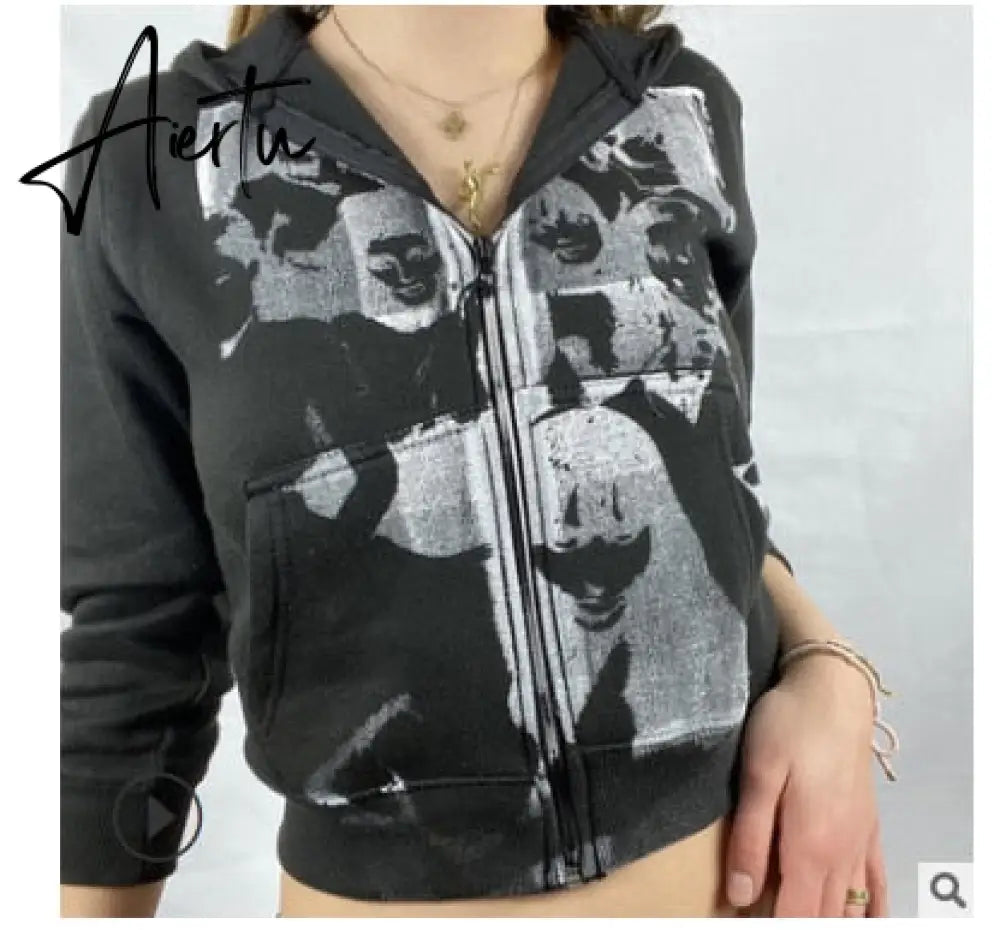 Y2K Aesthetic Women Hoodies with Pockets 90s Vintage Graphic Printed Zipper Coat Top E-girl Sweatshirt Green Autumn fairy grunge Aiertu